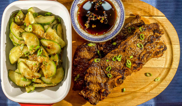 Grilled Korean-Style Short Ribs with Spicy Cucumber Salad