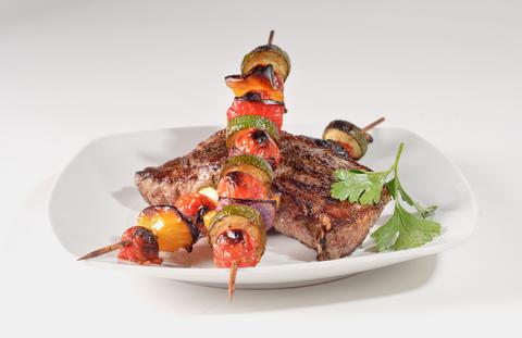 Saha Summer Steaks with Grilled Vegetable Kebabs