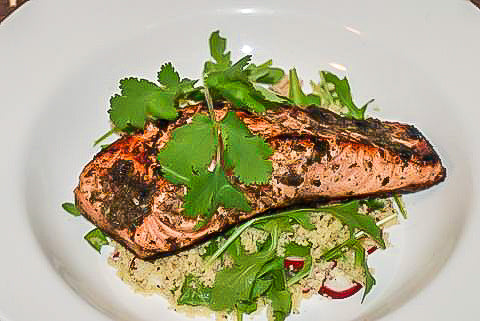 Grilled Green Seasoned Salmon with Radish and Arugula Couscous