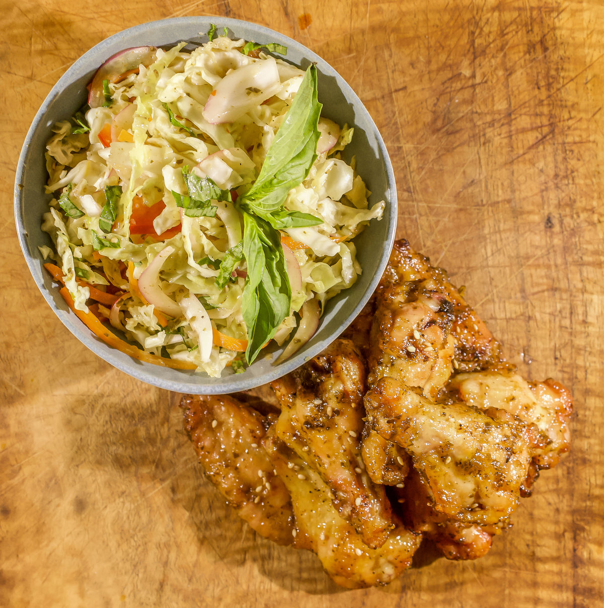 Thai Chicken Wings with Basil Coleslaw
