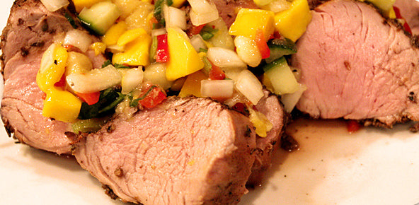 Slow Roasted Jerk Pork with Curried Sweet Potato Puree and Mango Salsa